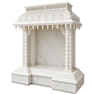 Sloping Roof Marble Mandir with Turned Pillars and Bell Border