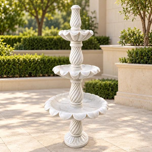 Spiral Column Three-Tier Marble Fountain in an Indian garden or courtyard setting