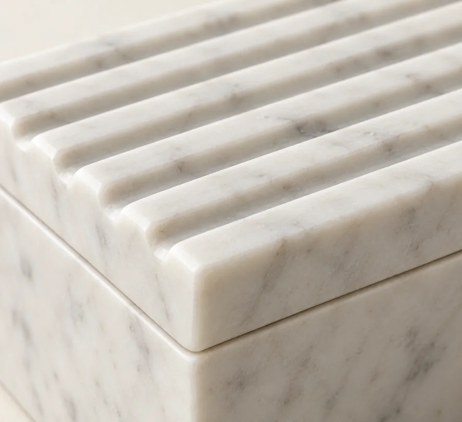 Square Ribbed Lid Marble Box — close view of the ribbed lid edge