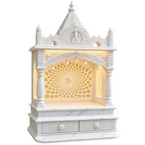Tapered Shikhar Marble Mandir with Circular Om Jali and Rounded Base