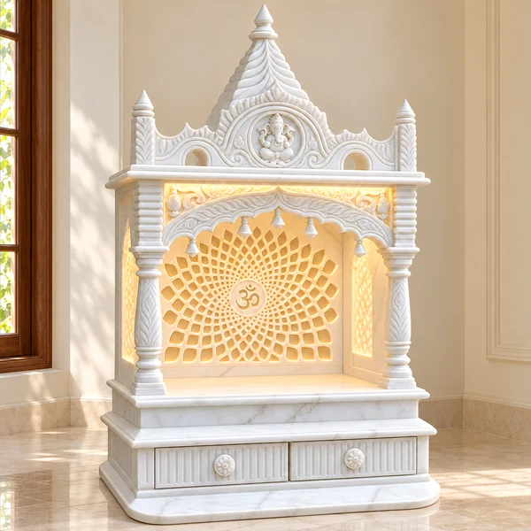 Tapered Shikhar Marble Mandir with Circular Om Jali and Rounded Base shown in an illustrative Indian pooja room setting