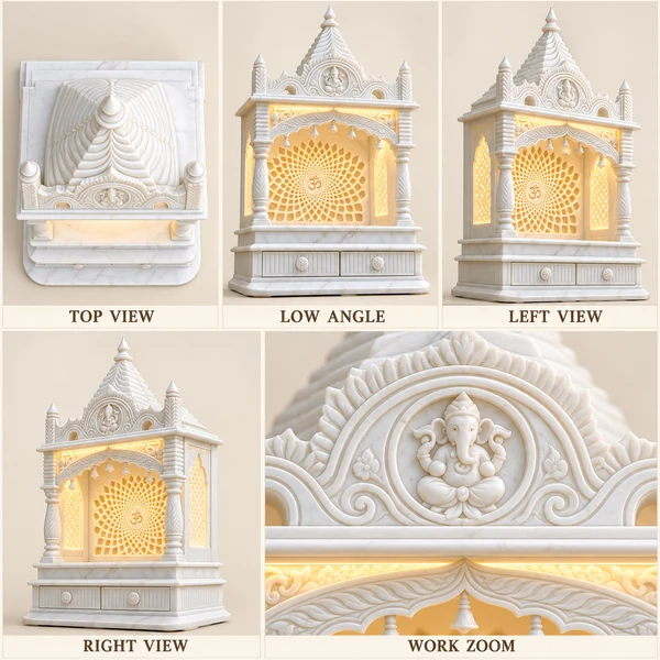 Tapered Shikhar Marble Mandir with Circular Om Jali and Rounded Base illustrative top, low, left and right views with a carving work zoom