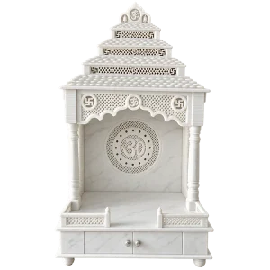 Tiered Jali Roof Marble Mandir with Om Medallion and Storage