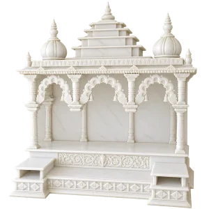 Triple Arch Marble Mandir with Stepped Pyramid Roof and Side Platforms