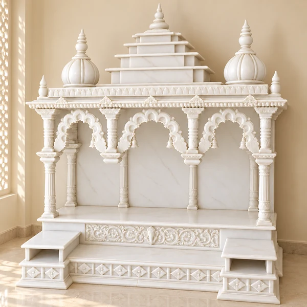 Triple Arch Marble Mandir with Stepped Pyramid Roof and Side Platforms shown in an illustrative Indian pooja room setting