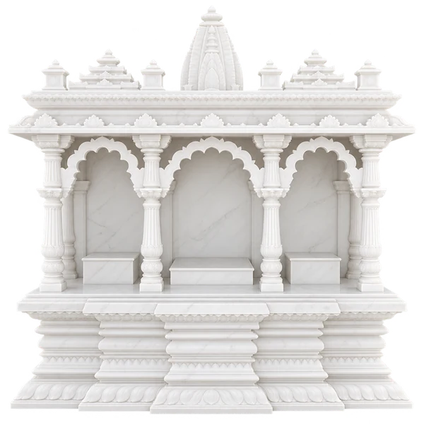 Triple Arch White Marble Mandir with Stepped Base