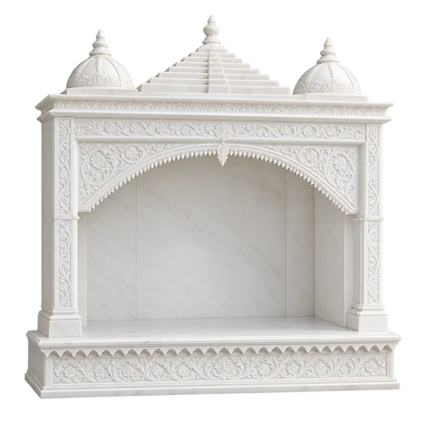 Twin Dome White Marble Mandir with Stepped Crown