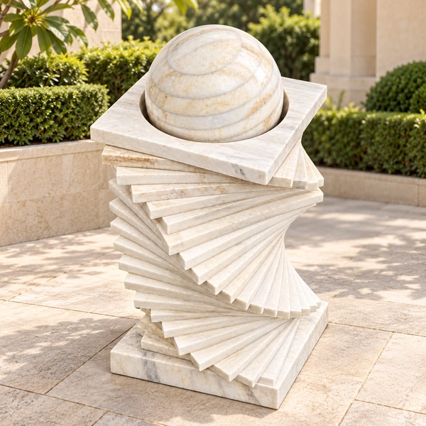 Twisted Square Pedestal Sphere Fountain in an Indian garden or courtyard setting