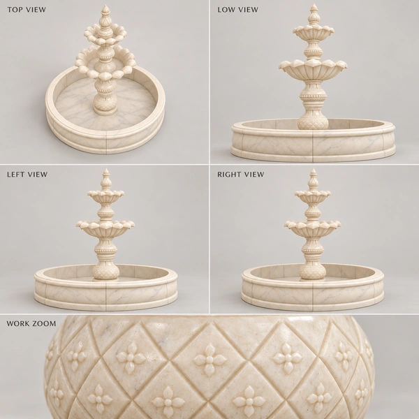 Two-Tier Leaf Bowl Marble Pool Fountain illustrative top, low, left and right views with work zoom