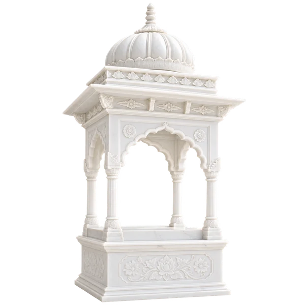 White Marble Chhatri Temple with Carved Dome and Four Pillars
