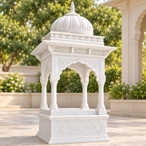 White Marble Chhatri Temple with Carved Dome and Four Pillars shown in an illustrative Indian pooja room setting